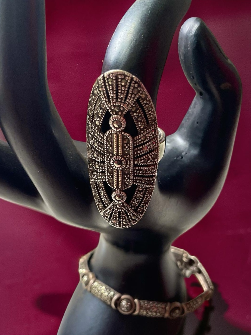 VTG 925 SILVER - 14k GOLD MARCASITE OVAL SIGNED STATEMENT RING 8g -  Sz7